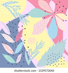 Funny autumn landscape with yellow blue pink flowers and trees. Garden flower pattern with large scale wooden vine design with exotic flowers. Elegant pattern for fashionable prints.