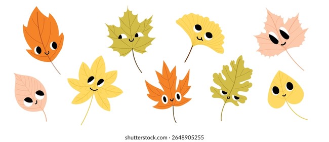 Funny autumn leaves characters set with cute smiling faces. Colorful fall foliage with emotions for kids, stickers, posters, games. Flat vector illustration isolated on white background.