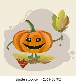 Funny autumn pumpkin with the leaves