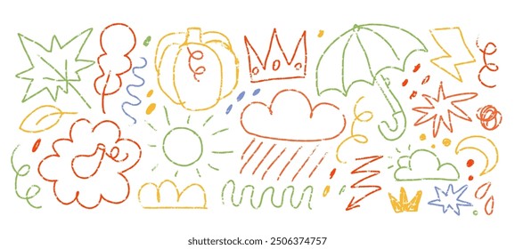 Funny autumn season doodle drawings set. Pencil textured Hand drawn tree leave shapes, pumpkins, umbrella, clouds on isolated background for kid education or fall concept. Vector isolated elements