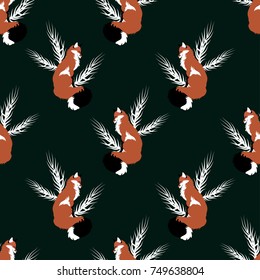 Funny autumn and winter seamless pattern with cute foxes.Colorful vector background.Textile texture