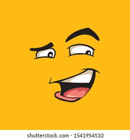 Funny avatar, cunning emoji flat vector illustration. Comic yellow social media sticker. Humorous cartoon face with smiling mouth and raised eyebrow. Devious emoticon, deceitful facial expression