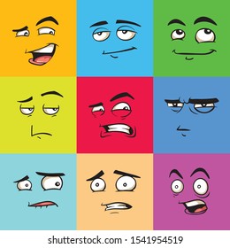 Funny avatars, emoji flat vector illustrations set. Various social media stickers, humorous cartoon faces. Eyes and mouth for different mood expression. Calm, bored, suspicious and scared emoticons