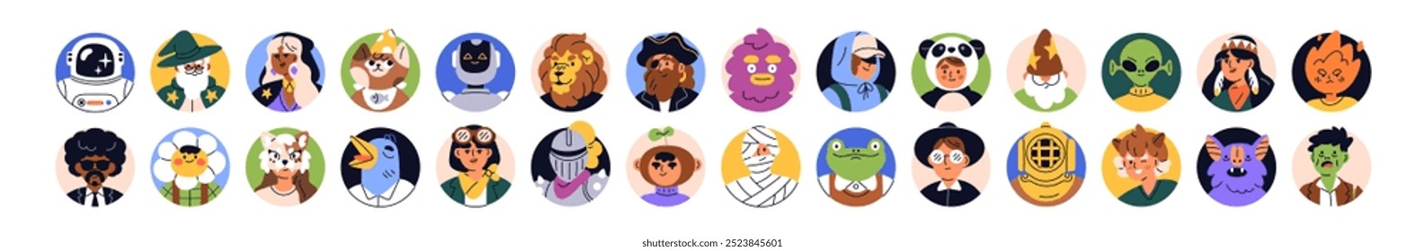 Funny avatars set. Creative fun characters, user profiles. People, animals, whimsical alien, disguised faces in masks, costumes, head portraits. Flat vector illustration isolated on white background