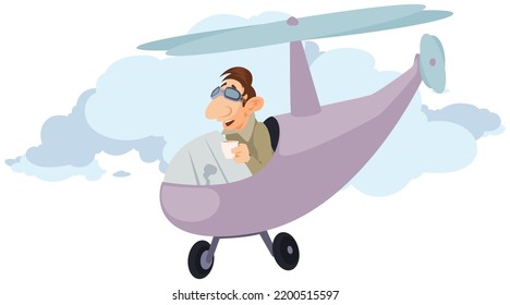 Funny aviator in cute helicopter. Funny people. Illustration concept template for website, web landing page, banner, presentation, social, poster, promotion or print media.