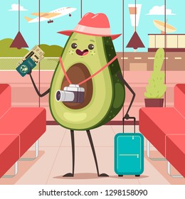 Funny Avocado in the airport terminal with luggage, camera, passport and boarding ticket. Cute fruit tourist vector cartoon character.