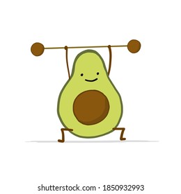 Funny Avocado cartoon character doing exercises. Isolated on white. Vector illustration