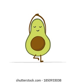 Funny Avocado cartoon character doing Yoga. Isolated on white. Vector illustration