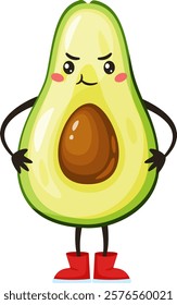 Funny avocado cartoon character wearing bright red boots, displaying an angry facial expression with arms crossed, set against a clean white background