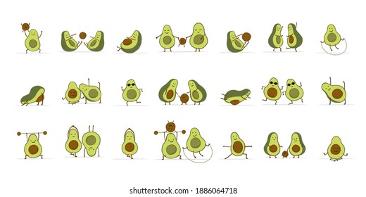 Funny Avocado cartoon characters. Collection for your design. Vector illustration