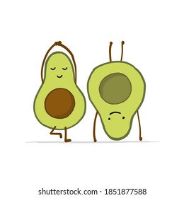 Personajes de caricatura de aguacate divertidos haciendo yoga. Aislado en blanco. Ilustración del vector