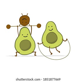 Funny Avocado cartoon characters doing exercises. Sport Family. Isolated on white. Vector illustration