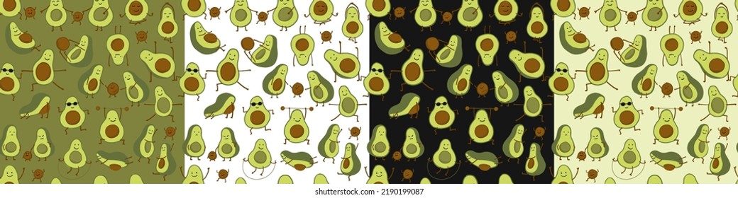 Funny Avocado cartoon characters. Set of seamless patterns on different color. Background for your design. Vector illustration
