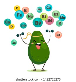 Funny avocado in cartoon style with elements of its vitamins. Vector isolate in cartoon style.