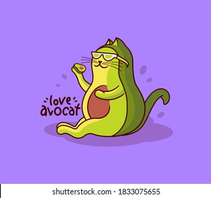 El gracioso gato aguacate está comiendo. Personaje caricaturista con una frase con letras - Amo aguafiestas. Bueno para camisetas, diseños de tela, pegatinas, anuncios, etc. Este concepto es una ilustración vectorial 