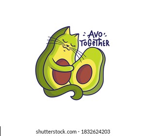 La graciosa gatita aguacate ama y abraza. Caricatura caricaturista con una frase escrita - Avo juntos. Bueno para camisetas, diseños de tela, pegatinas, anuncios, etc. Ilustración vectorial 