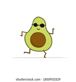 Funny Avocado Character is dancing. Isolated on white. Vector illustration