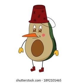 Fundadoso personaje de aguacate vestido de muñeco de nieve. Feliz Navidad. Diversión invernal en la nieve. De vacaciones. Tarjeta de regalo.