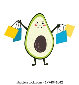 Funny Avocado character. Greeting card with sweet avocado. Vector illustration isolated on white background.