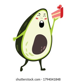 Funny Avocado character. Greeting card with sweet avocado. Vector illustration isolated on white background.
