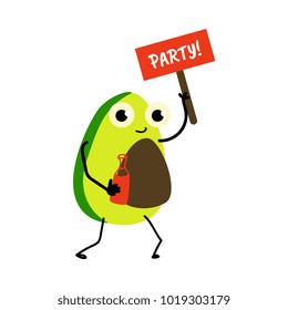 Funny avocado character holding Party sign and a cocktail glass, flat cartoon, doodle vector illustration isolated on white background. Cartoon avocado fruit character with human face, party mascot