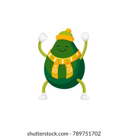 Funny avocado character with human face wearing winter clothes, raising hands in happiness, cartoon vector illustration isolated on white background. Happy whole avocado character in winter clothes