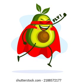 Funny avocado character wearing cape and mask as nutritious super powerful element