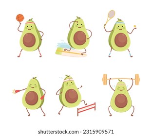 Funny Avocado Characters Doing Sport Activity Vector Set