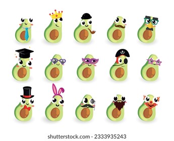 Funny avocado characters emoji in carnival mask crown ears and headdress hat set isometric vector illustration. Green healthy fruit emoticon smileys with face clown pirate professor bunny beard