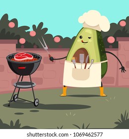 Funny Avocado in a chef hat with barbecue. Vector cartoon cute character of a happy fruit with bbq tools cooking steak on the grill on the backyard.