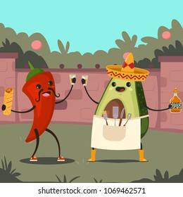 Funny Avocado and Chile on a mexican party in the backyard. Cute vector cartoon character of vegetable and fruit in a sombrero with tequila, burrito and barbecue tools.