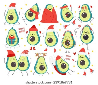 Funny avocado Christmas cartoon characters wearing festive clothes enjoying winter time activities fun party celebration isolated set on white background. Kawaii Xmas fruit mascot vector illustration