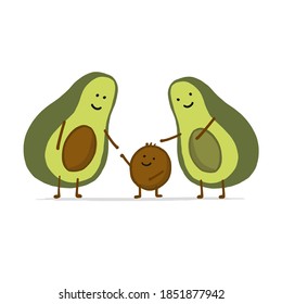 Funny Avocado Family. Cartoon characters. Isolated on white. Vector illustration