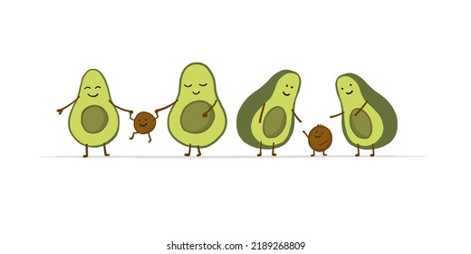Funny Avocado Family. Cartoon characters. Isolated on white. Vector illustration
