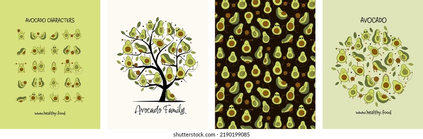 Funny avocado family, cartoon characters. Set of 4 concept art for your design project - cards, icons, banners, poster, web, print, social media, promotional materials. Vector illustration