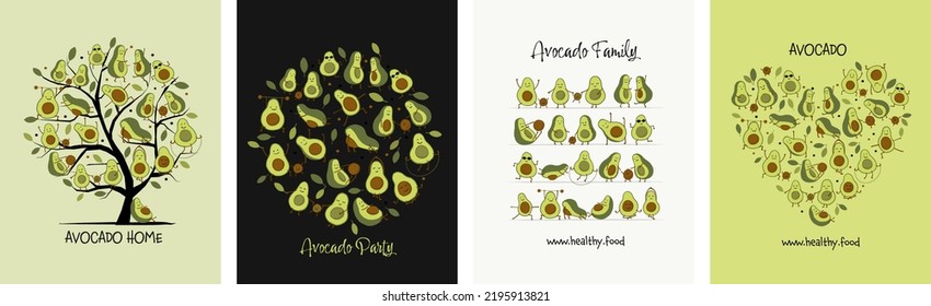 Familia divertida de aguacates, personajes de caricatura. Conjunto de 4 conceptos artísticos para su proyecto de diseño - tarjetas, iconos, banners, afiches, web, impresos, medios sociales, materiales promocionales. Ilustración del vector