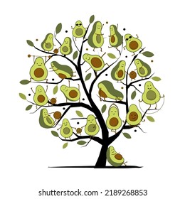 Divertido árbol familiar de aguacate, personajes de caricatura. Concepto de arte para tu diseño. Deporte, relajación, yoga, actividad, marco de forma de corazón para tu diseño. Ilustración del vector