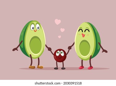 Graciosa Ilustración De Dibujo De Vectores Familiares De Aguacate. Frutos felices tomados de la mano con diseño de tarjeta de saludo para semillas de bebé
