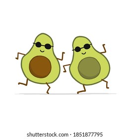 Funny Avocado Friends is dancing. Cartoon characters. Isolated on white. Vector illustration