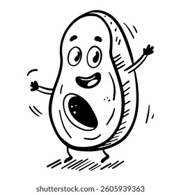 Funny avocado fruit. Happy smiling face in character. Outlines drawing