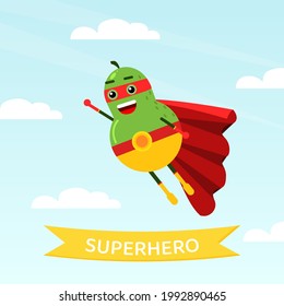 Funny Avocado Fruit Hero in Mask and Cloak Rushing to Rescue Vector Illustration