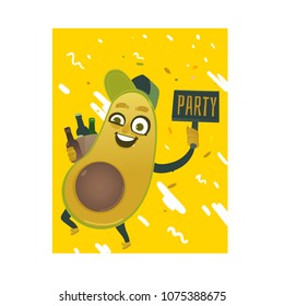 Funny avocado happy fruit character smiling holding glass beer bottle, party placard going to have fun. Summer vacation party poster design template. Isolated vector illustration in cartoon style