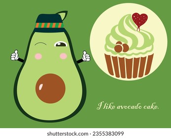 Funny avocado in a hat advertises avocado cake. Vector illustration.