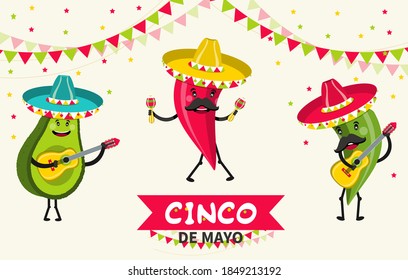 Funny avocado and hot pepper characters. Cinco de Mayo Mexican Holiday. Vector illustration.