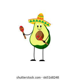 Funny avocado illustration with mexican traditional attributes.