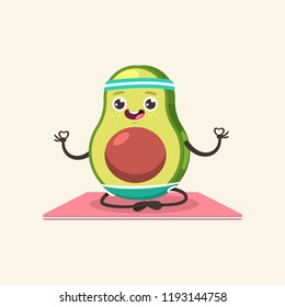 Funny Avocado kid in yoga pose. Cute vector cartoon fruit character isolated on a background. Eating healthy and fitness.