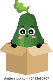 Funny avocado mascot in cardboard box