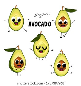 Funny Avocado pear character in yoga poses. Cartoon childish illustration of Avocado. Healthy summer food doing sport exercise