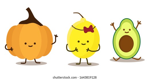 Funny Avocado, pumpkin and lemon. Set of cartoon tropical fruit characters in kawaii style, isolated on white background. vector illustration. Concept of happiness and joy.