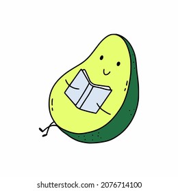 Funny avocado is reading book. Vector illustration in doodle style. Sticker postcard.